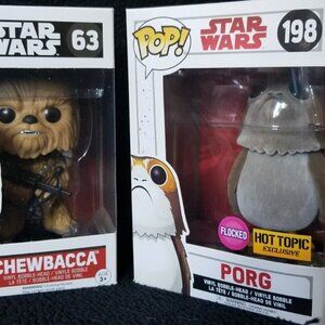 Collectible rare Funko pop Chewbacca and exclusive HT Porg